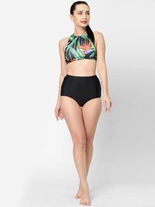 women is wearing black high waist bikini bottoms with full coverage at the back