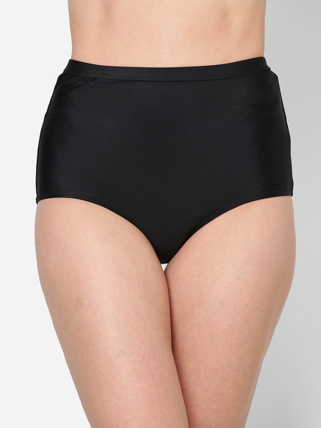 women is wearing black high waist bikini bottoms with full coverage at the back