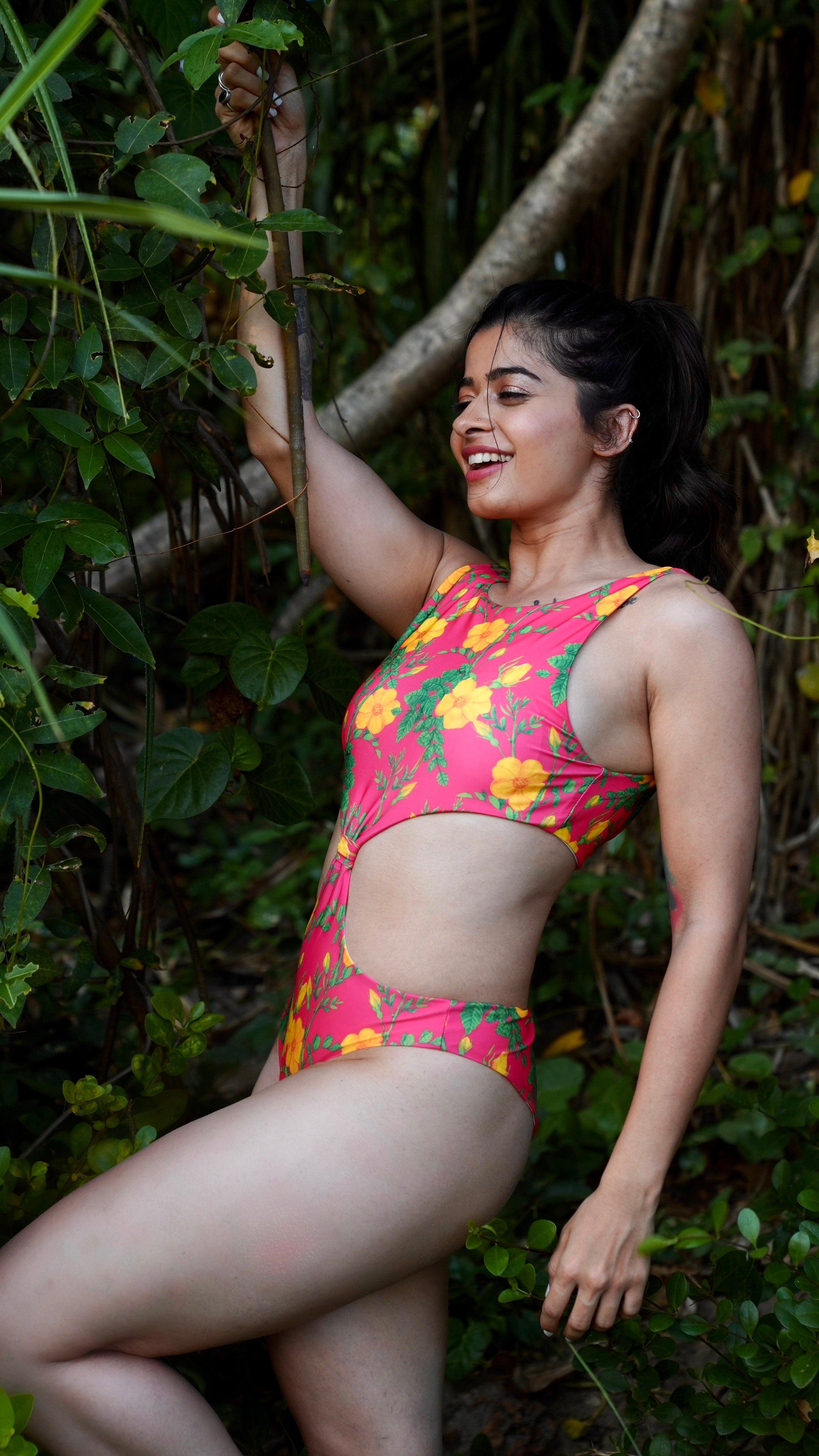Esha Lal Swimwear monokini swimsuit in hot pink and yellow floral print