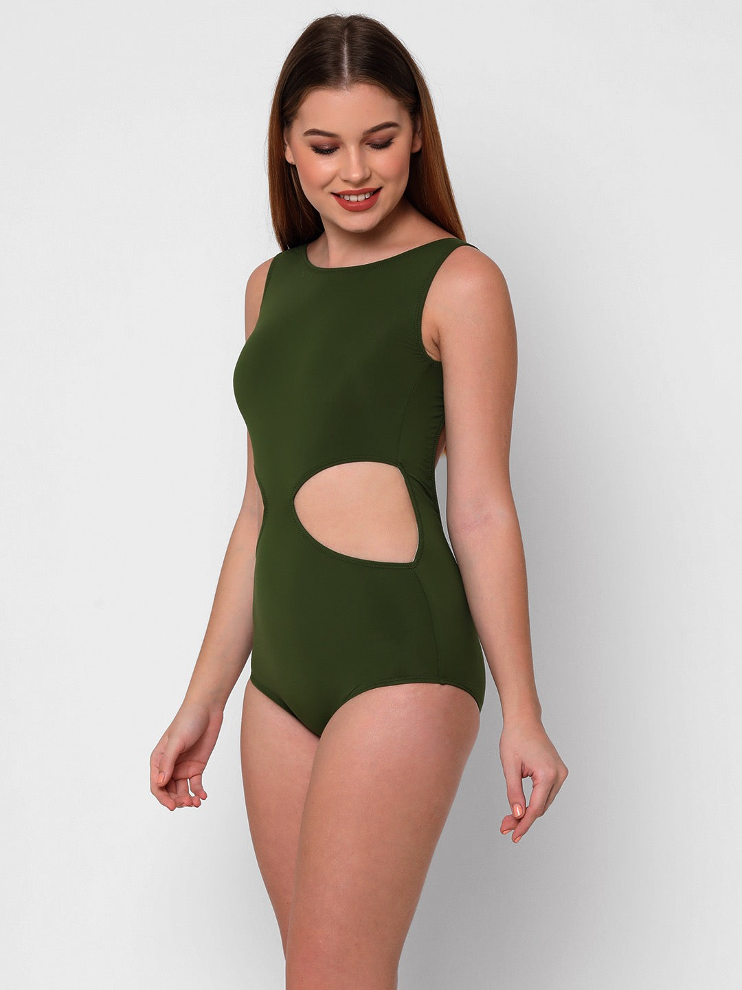 solid olive green cut out one piece swimsuit for women